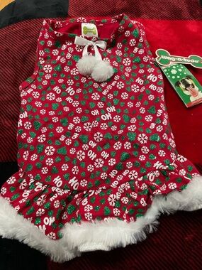 Holiday Red Dog Dress with Pom Trim